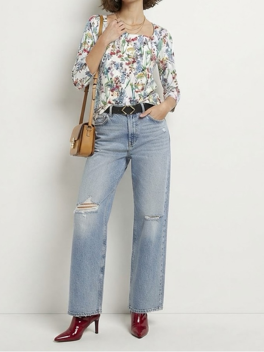 Chico's White Floral Scoop-Neck Tunic with Multicolor Bouquet Print